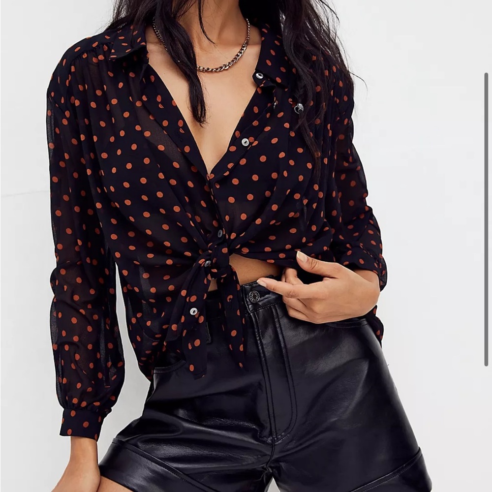 🕶️Free People Ciara Polka Dot Blouse Black Brown Size M